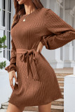 Tie Waist Cable Puff Sleeves Mini Dress