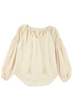 Apricot Lantern Sleeve Stripe Tassel Drawstring Blouse