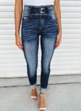 Blue Vintage Washed Two-button High Waist Skinny Jeans