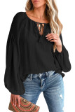 Black Lantern Sleeve Stripe Tassel Drawstring Blouse