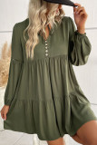 Green Lace Puff Sleeve Buttoned Tiered Ruffled Mini Dress