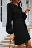 Tie Waist Cable Puff Sleeves Mini Dress