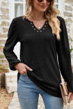 Eyelet V Neck Plain Long Sleeves Top