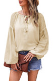Apricot Lantern Sleeve Stripe Tassel Drawstring Blouse