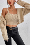 Khaki Crop Knit Tank Top With Open Cardigan 2pcs Set