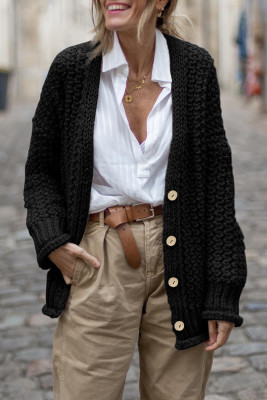 Black Vintage Cable Knit Button Front Cardigan