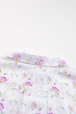 Purple Floral Print Pleated Flap Pocket Shirt