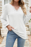 Eyelet V Neck Plain Long Sleeves Top