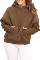 Coffee Kangaroo Pocket Half Zipper Loose Fit Hoodie