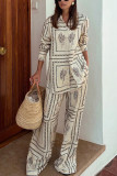 Apricot Printed Button Up Shirt And Pants 2pcs Set