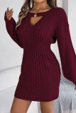Plain Cut V Neck Cable Knit Sweater Dress