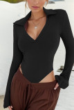 Plain Turn Down Collar V Neck Rib Bodysuit