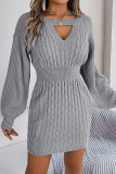 Plain Cut V Neck Cable Knit Sweater Dress