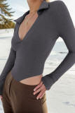 Plain Turn Down Collar V Neck Rib Bodysuit
