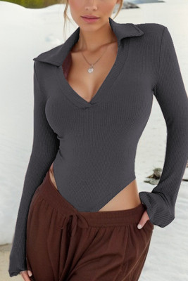Plain Turn Down Collar V Neck Rib Bodysuit