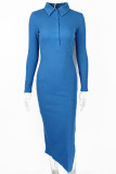 Plain Buttoned Turn Down Collar Rib Maxi Dress