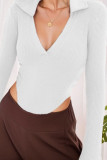 Plain Turn Down Collar V Neck Rib Bodysuit