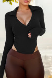 Plain Turn Down Collar V Neck Rib Bodysuit