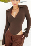 Plain Turn Down Collar V Neck Rib Bodysuit