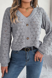 Plain V Neck Button Crochet Knit Sweater