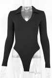Plain Turn Down Collar V Neck Rib Bodysuit