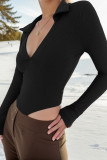 Plain Turn Down Collar V Neck Rib Bodysuit
