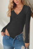 Plain V Neck Button Rib Long Sleeves Bodysuit