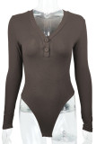 Plain V Neck Button Rib Long Sleeves Bodysuit