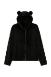 Black Open Zipper Fleece Jacket With Bear Hood