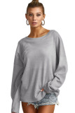 Gray V Cut Drawstring Back Waffle Knit Blouse