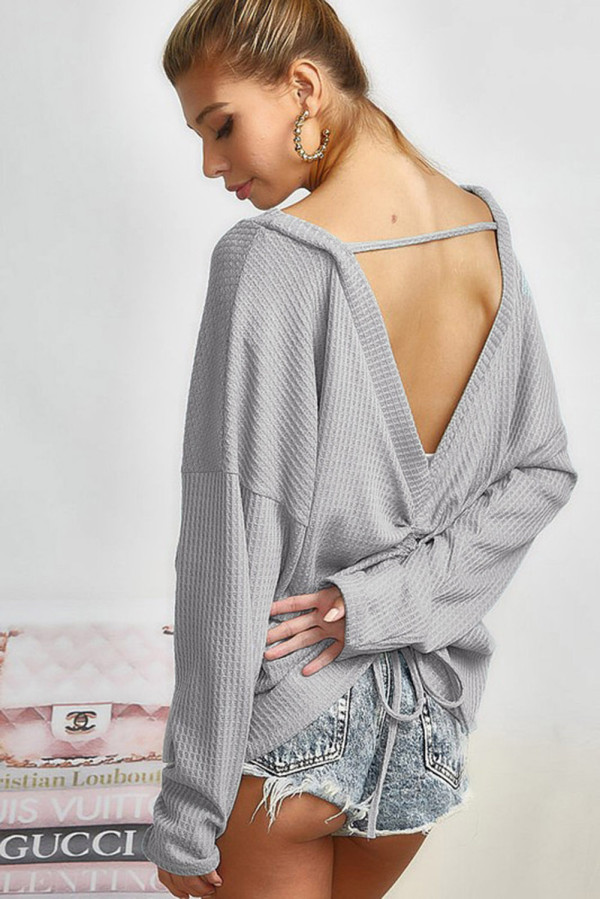 Gray V Cut Drawstring Back Waffle Knit Blouse