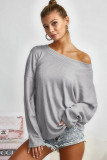 Gray V Cut Drawstring Back Waffle Knit Blouse