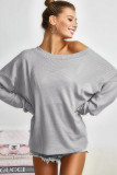 Gray V Cut Drawstring Back Waffle Knit Blouse