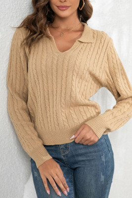 Plain V Neck Turn Down Collar Cable Knit Sweater