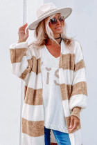 Khaki Striped Colorblock Rib Knit Bubble Sleeve Midi Cardigan