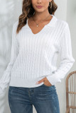 Plain V Neck Turn Down Collar Cable Knit Sweater