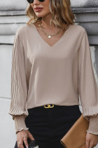 Smocked Sleeves V Neck Khaki Top