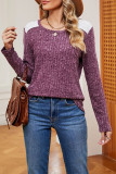 Plain Crew Neck Lace Patchwork Rib Long Sleeves Top