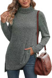 Plain Side Split Turtle Neck Long Sleeves Rib Top Boutique Wholesale