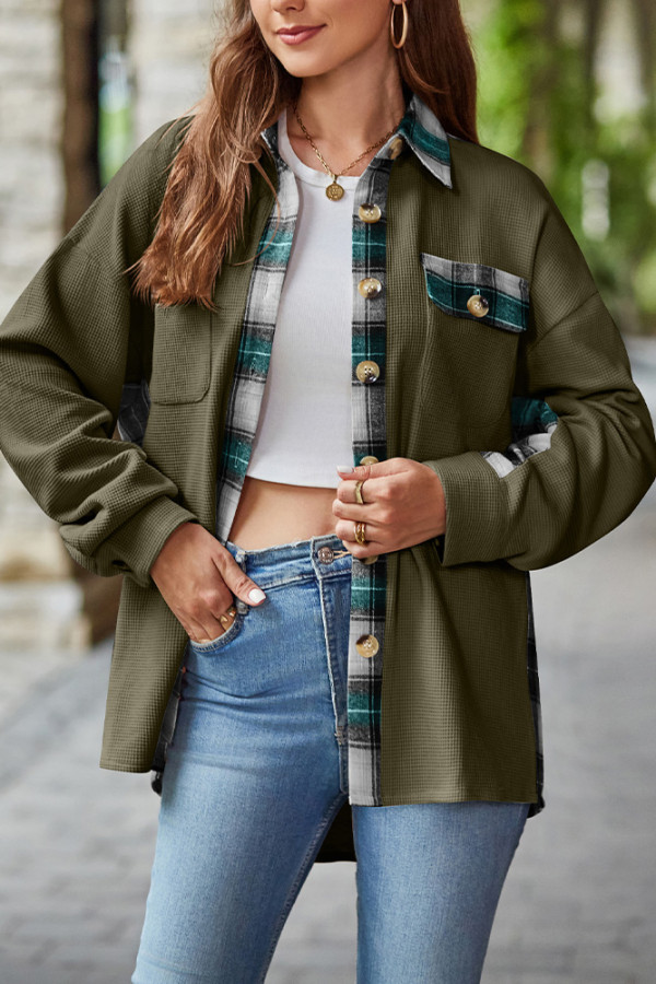 Waffle Knit Splicing Plaid Button Up Shacket