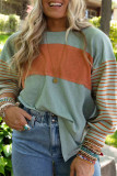 Green Plus Size Striped Long Sleeve Colorblock Tee with Slits