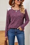 Plain Crew Neck Lace Patchwork Rib Long Sleeves Top