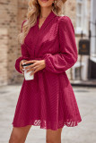 Boutique Wholesale Plain Textured Wrap V Neck Puff Dress With Sash