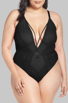 Black Plus Size Sheer Mesh Lace Crisscross Back Teddy Lingerie