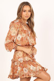 Camel Lace up Split Neck Tunic Floral Dress