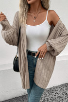 Khaki Ribbed Knitting Front Open Cardigan