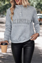 Letter Print Turndown Collar Grey Sweatshirt