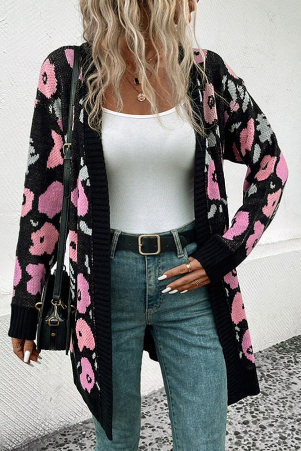Floral Knitting Front Open Cardigan
