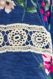 Dark Blue Plus Size Lace Patch 3/4 Sleeve Split Neck Floral Top