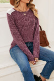 Plain Crew Neck Lace Patchwork Rib Long Sleeves Top